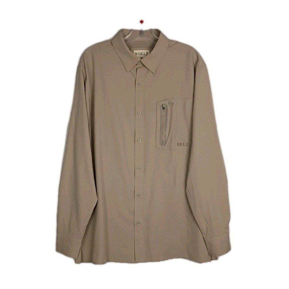 Gillz Outdoors Fishing Men's Size L Full Button Long Sleeve Wicking Tan Shirt
